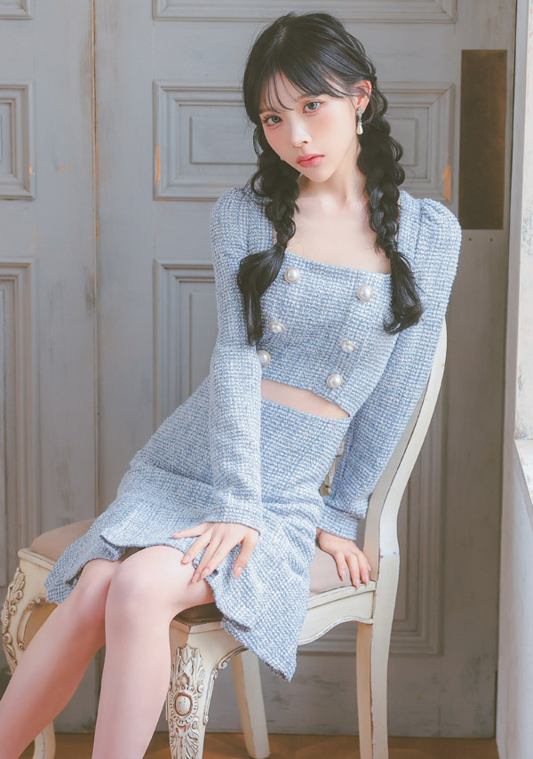 韓国ドレス ミニドレス ウエストカット ツイード 長袖 スクエアネック パール ダブルボタン 袖あり 裾プリーツ Aライン キャバドレスイメージ画像1