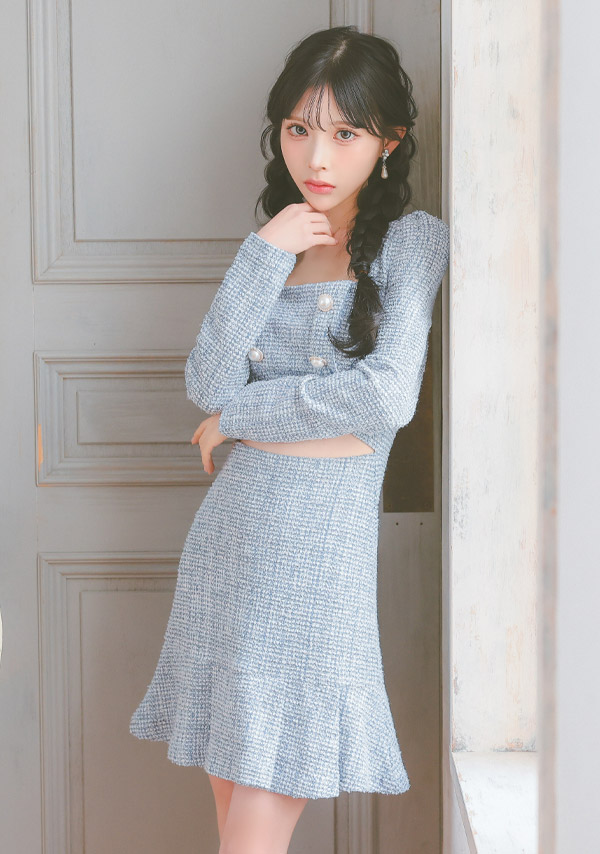 韓国ドレス ミニドレス ウエストカット ツイード 長袖 スクエアネック パール ダブルボタン 袖あり 裾プリーツ Aライン キャバドレスのイメージ画像2