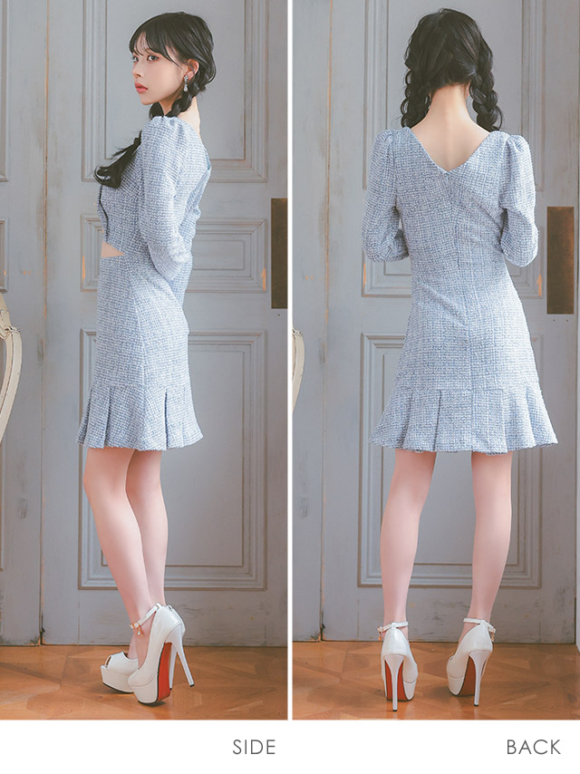 韓国ドレス ミニドレス ウエストカット ツイード 長袖 スクエアネック パール ダブルボタン 袖あり 裾プリーツ Aライン キャバドレスのサイドバッグ全身