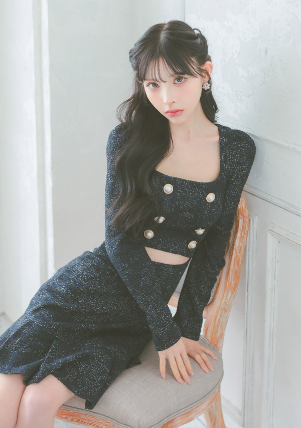 韓国ドレス ミニドレス ウエストカット ツイード 長袖 スクエアネック パール ダブルボタン 袖あり 裾プリーツ Aライン キャバドレスイメージ画像1