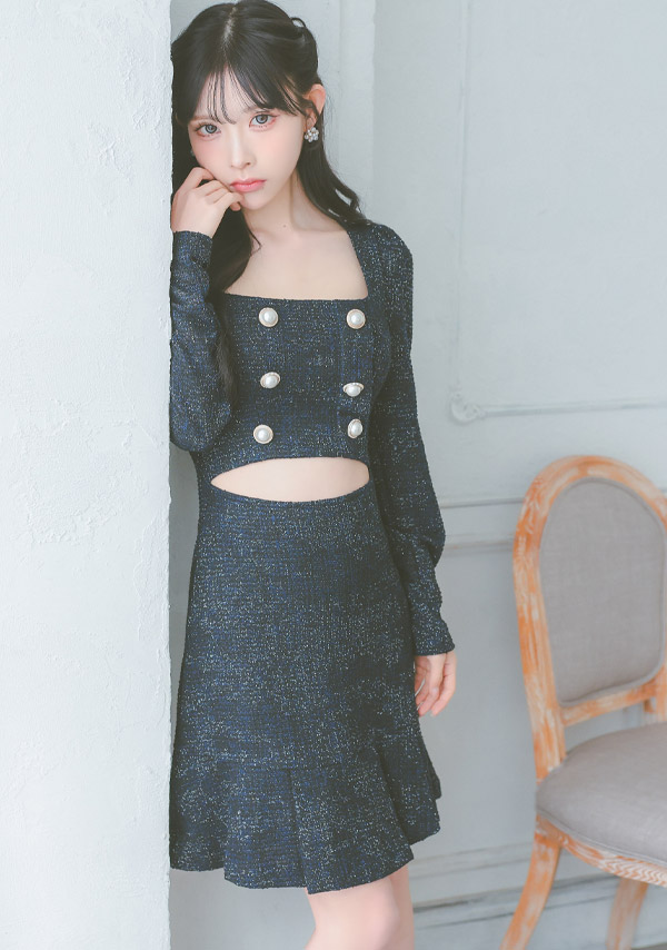 韓国ドレス ミニドレス ウエストカット ツイード 長袖 スクエアネック パール ダブルボタン 袖あり 裾プリーツ Aライン キャバドレスイメージ画像1