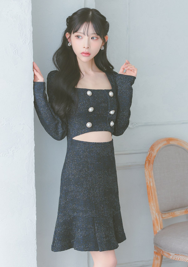 韓国ドレス ミニドレス ウエストカット ツイード 長袖 スクエアネック パール ダブルボタン 袖あり 裾プリーツ Aライン キャバドレスのイメージ画像2