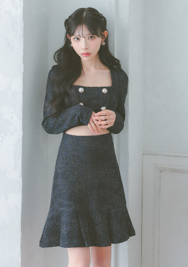 韓国ドレス ミニドレス ウエストカット ツイード 長袖 スクエアネック パール ダブルボタン 袖あり 裾プリーツ Aライン キャバドレスのイメージ画像2