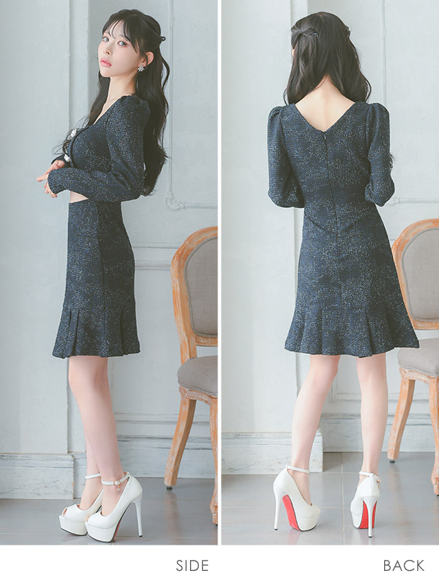 韓国ドレス ミニドレス ウエストカット ツイード 長袖 スクエアネック パール ダブルボタン 袖あり 裾プリーツ Aライン キャバドレスのサイドバッグ全身