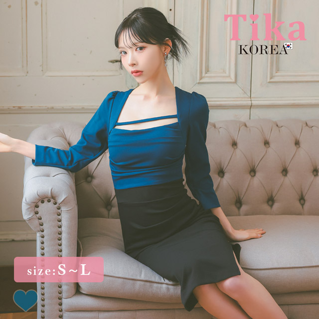 韓国ドレス 膝丈ドレス 袖あり スクエアネック コード バイカラー サイドスリット 八部袖 ストレッチ ギャザー スリット タイト キャバドレスのメイン画像