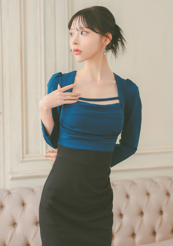 韓国ドレス 膝丈ドレス 袖あり スクエアネック コード バイカラー サイドスリット 八部袖 ストレッチ ギャザー スリット タイト キャバドレスイメージ画像1