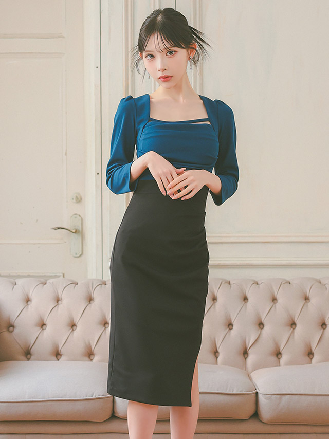 韓国ドレス 膝丈ドレス 袖あり スクエアネック コード バイカラー サイドスリット 八部袖 ストレッチ ギャザー スリット タイト キャバドレスのイメージ画像2
