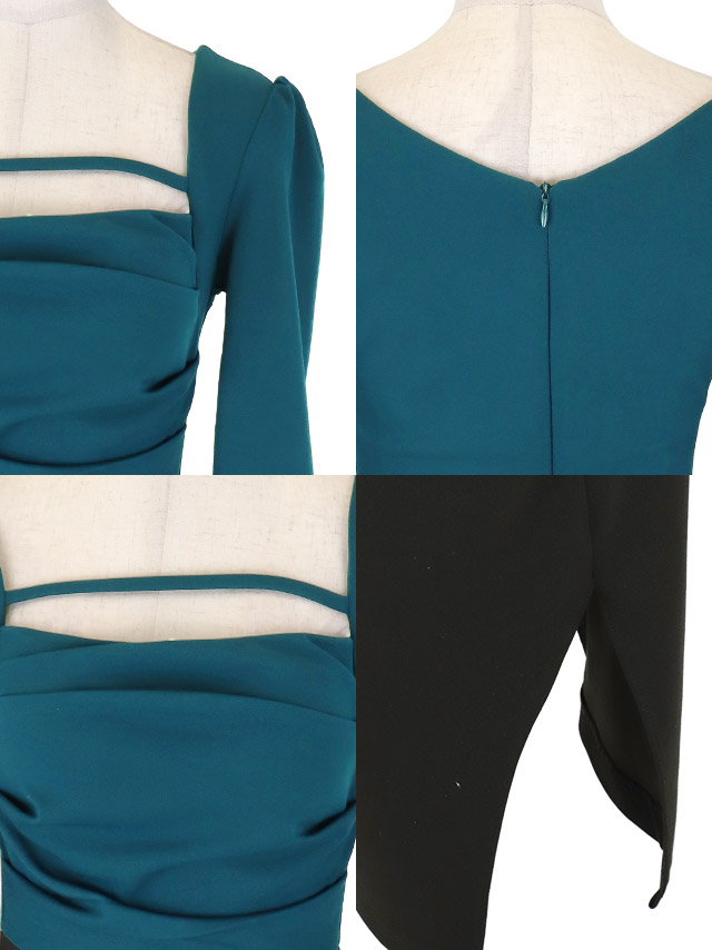 韓国ドレス 膝丈ドレス 袖あり スクエアネック コード バイカラー サイドスリット 八部袖 ストレッチ ギャザー スリット タイト キャバドレスのディティール1