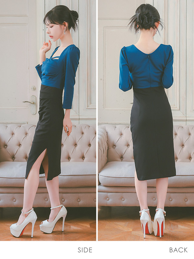 韓国ドレス 膝丈ドレス 袖あり スクエアネック コード バイカラー サイドスリット 八部袖 ストレッチ ギャザー スリット タイト キャバドレスのサイドバッグ全身