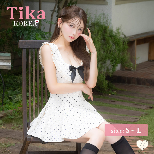 韓国ドレス ワンピース Aライン ミニドレス 谷間 ノースリーブ ドット柄 ネックリボン 襟付き 同伴 キャバドレスのメイン画像