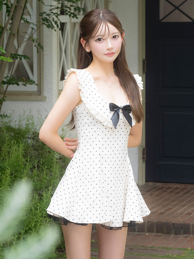 韓国ドレス ワンピース Aライン ミニドレス 谷間 ノースリーブ ドット柄 ネックリボン 襟付き 同伴 キャバドレスのイメージ画像2