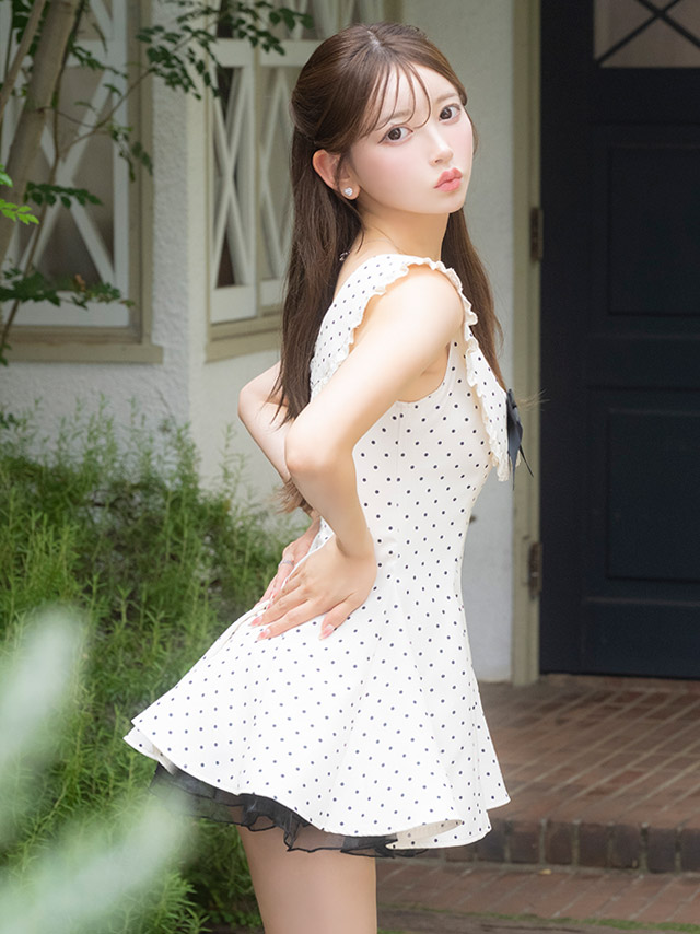 韓国ドレス ワンピース Aライン ミニドレス 谷間 ノースリーブ ドット柄 ネックリボン 襟付き 同伴 キャバドレスのイメージ画像2