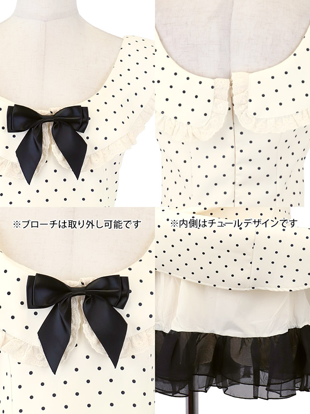 韓国ドレス ワンピース Aライン ミニドレス 谷間 ノースリーブ ドット柄 ネックリボン 襟付き 同伴 キャバドレスのディティール1