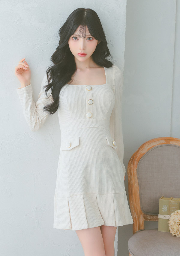 韓国ドレス ワンピース スクエアネック ワッフルニット 長袖 ボックスプリーツ Aライン キャバドレスイメージ画像1
