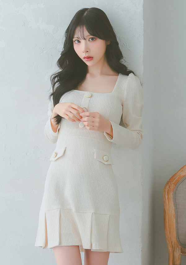 韓国ドレス ワンピース スクエアネック ワッフルニット 長袖 ボックスプリーツ Aライン キャバドレスのイメージ画像2