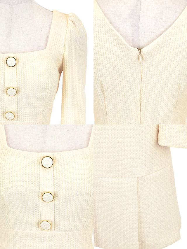 韓国ドレス ワンピース スクエアネック ワッフルニット 長袖 ボックスプリーツ Aライン キャバドレスのディティール1