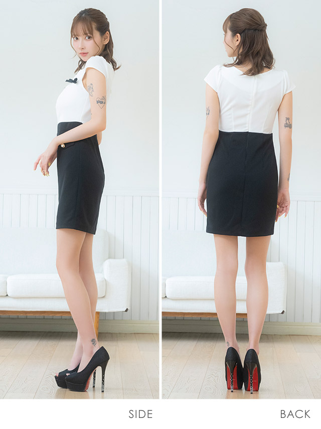 韓国ドレス ミニドレス ネックリボン 襟付き 半袖 パフスリーブ バストカット ギンガムチェック柄 谷間魅せ Aライン キャバドレスのサイドバッグ全身