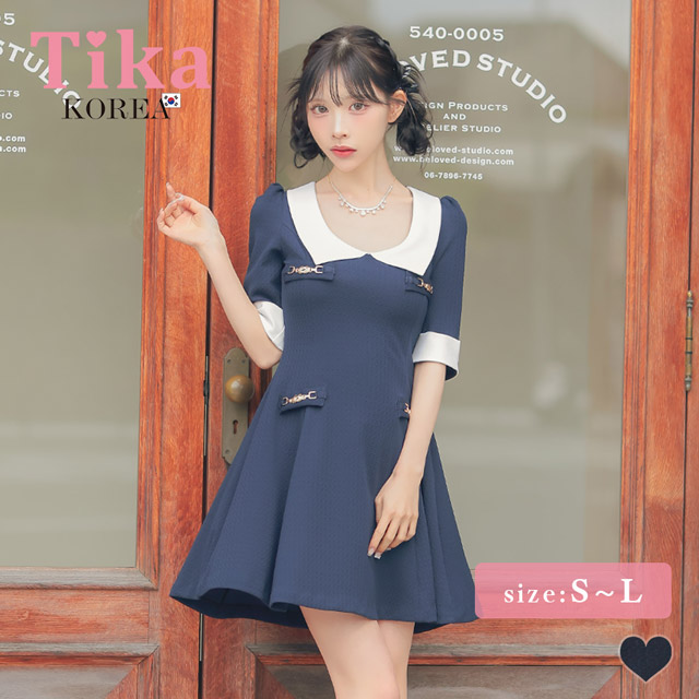 韓国ドレス ワンピース 襟付き 袖あり バイカラー Aライン ミニドレスのメイン画像