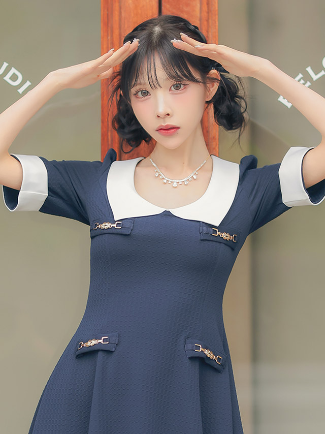 韓国ドレス ワンピース 襟付き 袖あり バイカラー Aライン ミニドレスイメージ画像1