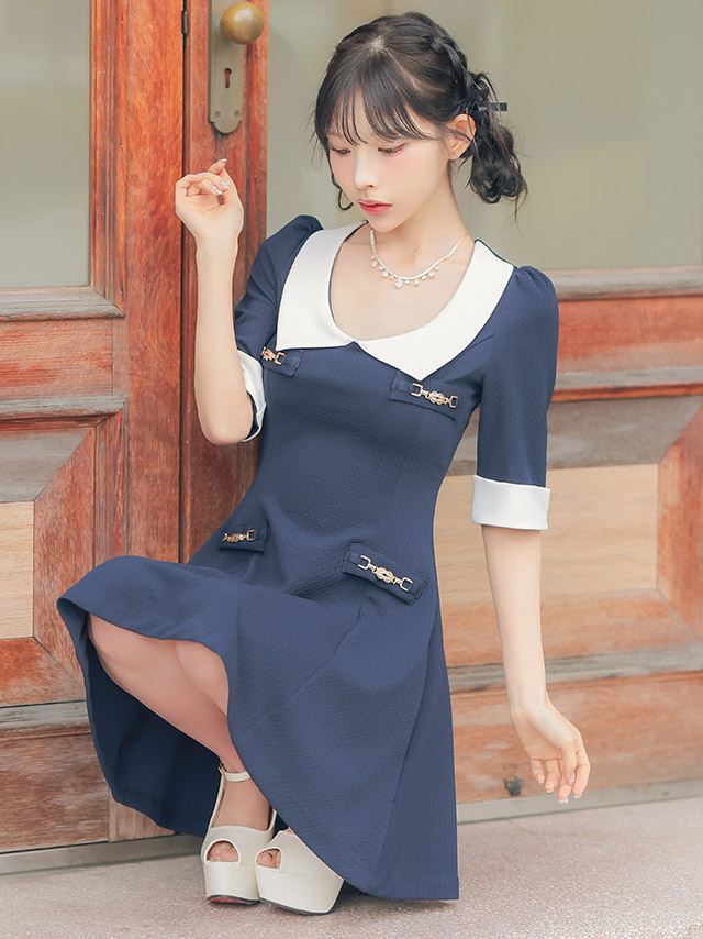 韓国ドレス ワンピース 襟付き 袖あり バイカラー Aライン ミニドレスのイメージ画像2