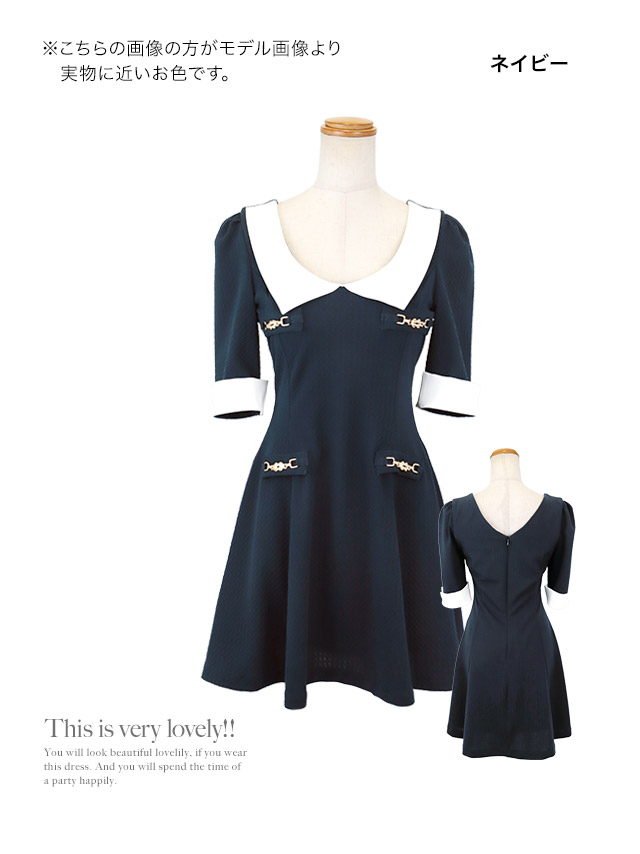 韓国ドレス ワンピース 襟付き 袖あり バイカラー Aライン ミニドレスのカラーバリエーション