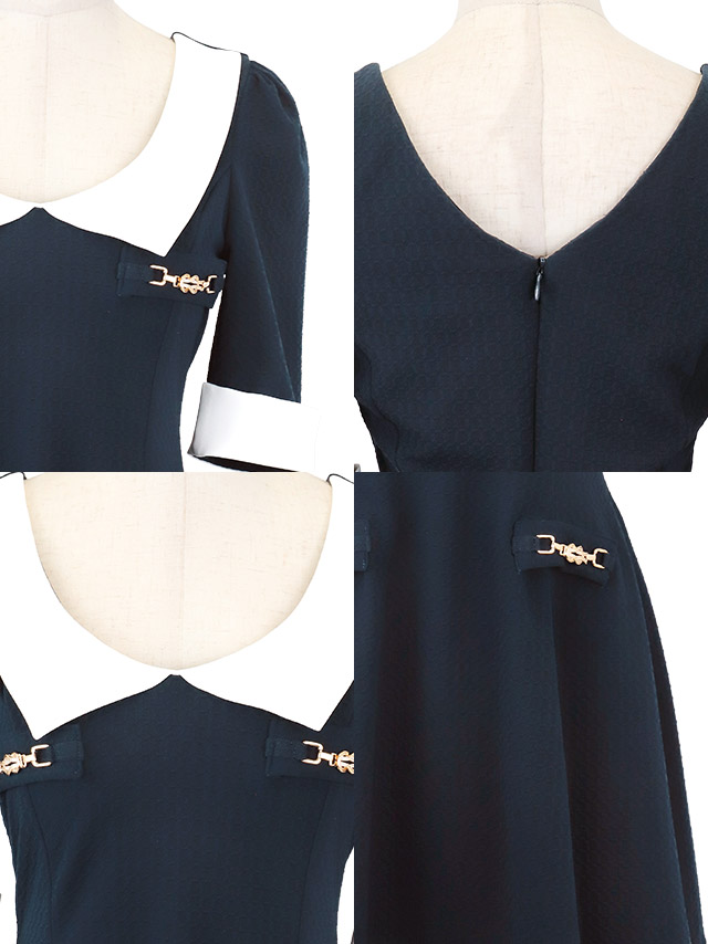 韓国ドレス ワンピース 襟付き 袖あり バイカラー Aライン ミニドレスのディティール1