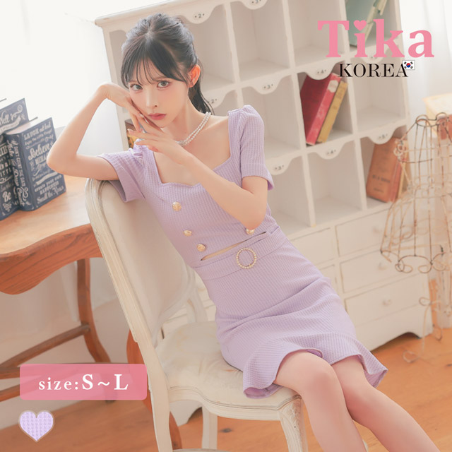 韓国ドレス ミニドレス シンプル ストレッチ 半袖 ウエストカット パフスリーブ ブラジャーのまま ゴールドボタン ワッフル 裾フリル 同伴 タイト キャバドレスのメイン画像