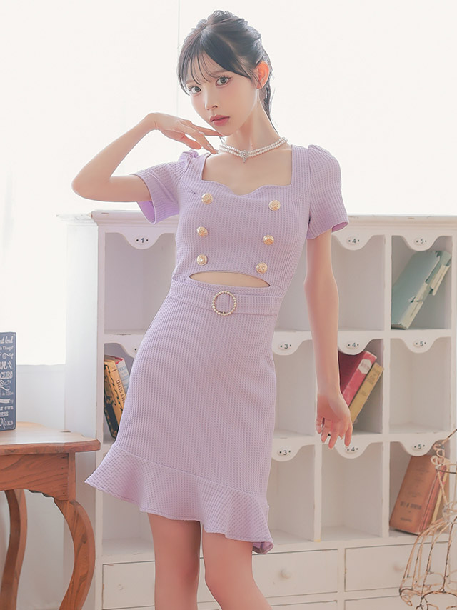 韓国ドレス ミニドレス シンプル ストレッチ 半袖 ウエストカット パフスリーブ ブラジャーのまま ゴールドボタン ワッフル 裾フリル 同伴 タイト キャバドレスのイメージ画像2