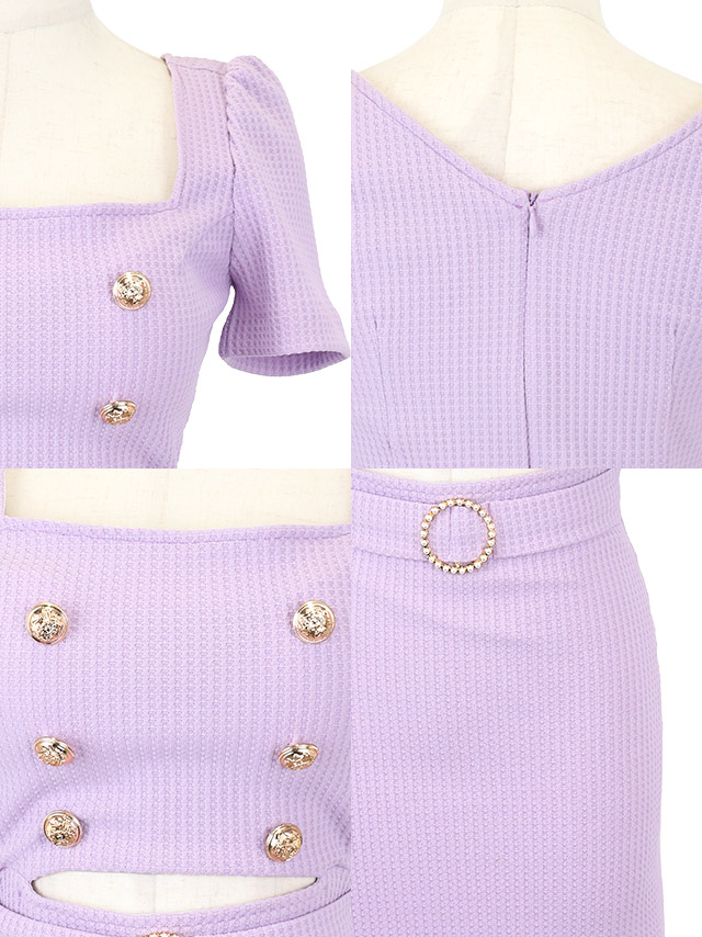 韓国ドレス ミニドレス シンプル ストレッチ 半袖 ウエストカット パフスリーブ ブラジャーのまま ゴールドボタン ワッフル 裾フリル 同伴 タイト キャバドレスのディティール1