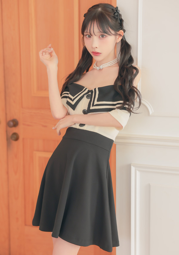 韓国ドレス ミニドレス 襟付き セーラーカラー オフショルダー バイカラー Aライン キャバドレスイメージ画像1