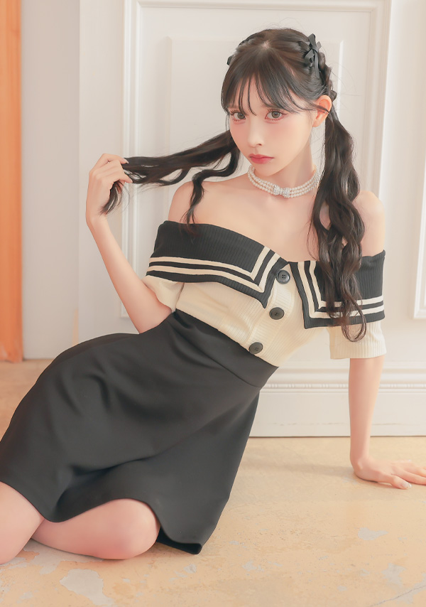 韓国ドレス ミニドレス 襟付き セーラーカラー オフショルダー バイカラー Aライン キャバドレスイメージ画像1