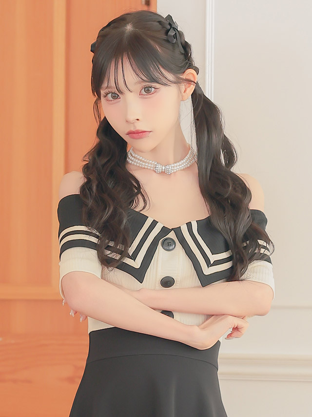 韓国ドレス ミニドレス 襟付き セーラーカラー オフショルダー バイカラー Aライン キャバドレスのイメージ画像2