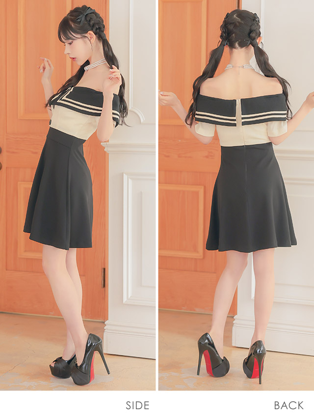 韓国ドレス ミニドレス 襟付き セーラーカラー オフショルダー バイカラー Aライン キャバドレスのサイドバッグ全身