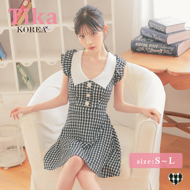 韓国ドレス ワンピース 襟付き ノースリーブ フリル袖 千鳥格子柄 Aライン ミニドレス キャバドレスのメイン画像