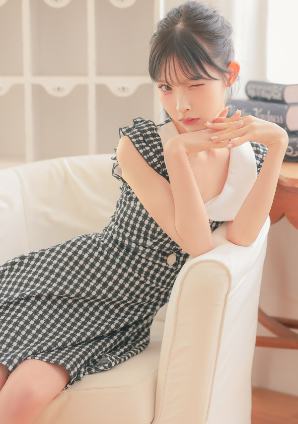 韓国ドレス ワンピース 襟付き ノースリーブ フリル袖 千鳥格子柄 Aライン ミニドレス キャバドレスイメージ画像1