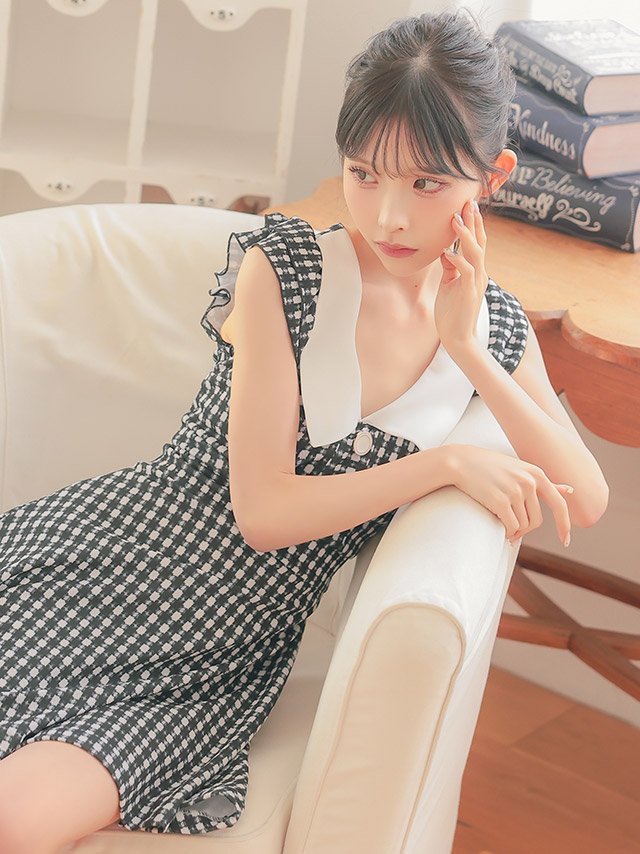 韓国ドレス ワンピース 襟付き ノースリーブ フリル袖 千鳥格子柄 Aライン ミニドレス キャバドレスイメージ画像1