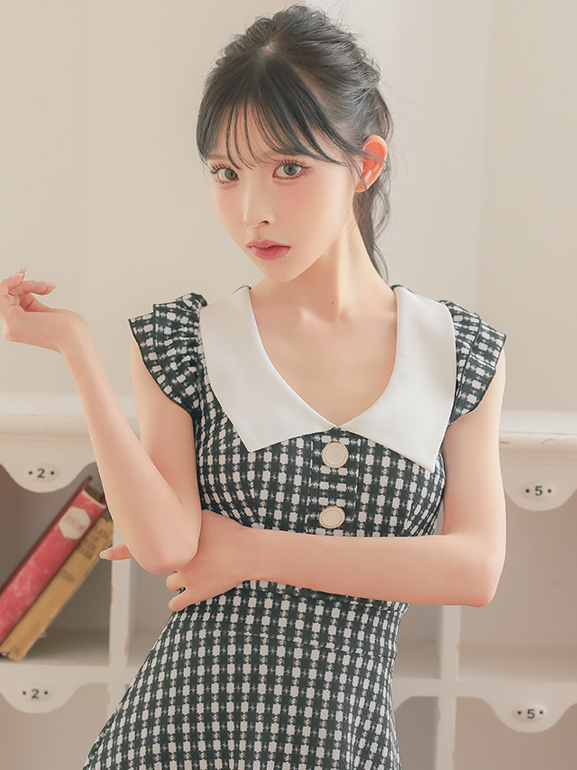 韓国ドレス ワンピース 襟付き ノースリーブ フリル袖 千鳥格子柄 Aライン ミニドレス キャバドレスのイメージ画像2