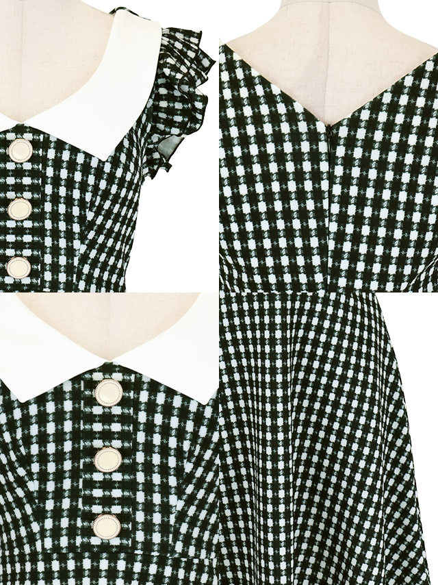 韓国ドレス ワンピース 襟付き ノースリーブ フリル袖 千鳥格子柄 Aライン ミニドレス キャバドレスのディティール1