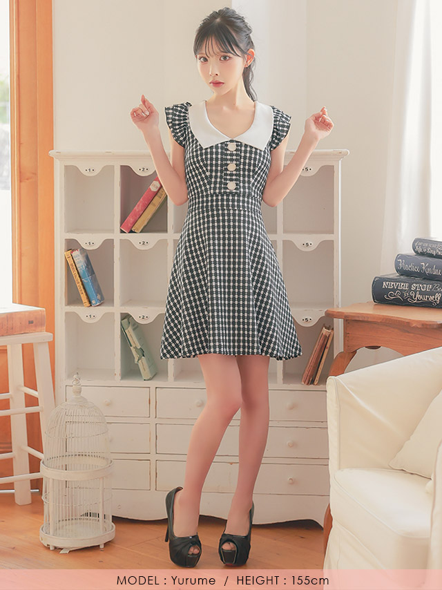 韓国ドレス ワンピース 襟付き ノースリーブ フリル袖 千鳥格子柄 Aライン ミニドレス キャバドレスのフロント全身