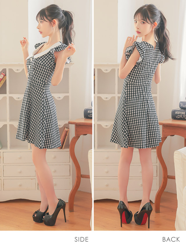 韓国ドレス ワンピース 襟付き ノースリーブ フリル袖 千鳥格子柄 Aライン ミニドレス キャバドレスのサイドバッグ全身