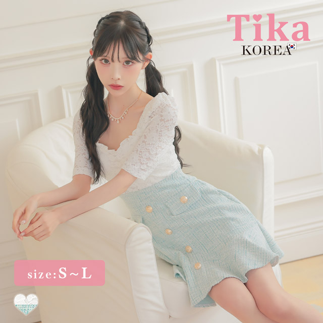 韓国ドレス ワンピース 袖あり 五分袖 ホワイトレース 切り替え ゴールボタン ツイード 胸元カバー ミント ミニドレス Aライン キャバドレのメイン画像