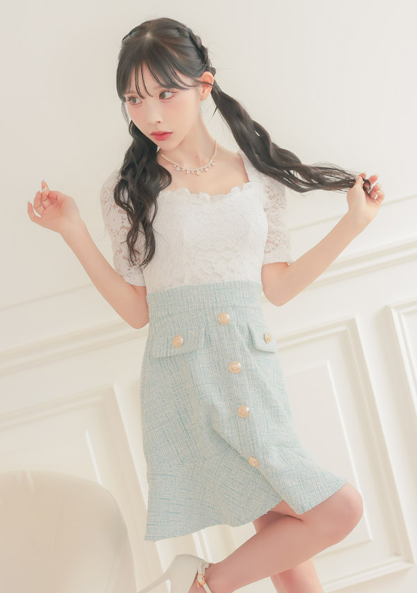 韓国ドレス ワンピース 袖あり 五分袖 ホワイトレース 切り替え ゴールボタン ツイード 胸元カバー ミント ミニドレス Aライン キャバドレイメージ画像1