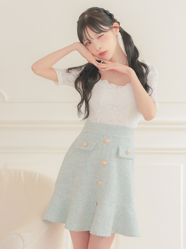 韓国ドレス ワンピース 袖あり 五分袖 ホワイトレース 切り替え ゴールボタン ツイード 胸元カバー ミント ミニドレス Aライン キャバドレイメージ画像1