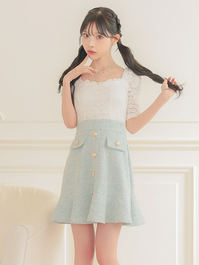 韓国ドレス ワンピース 袖あり 五分袖 ホワイトレース 切り替え ゴールボタン ツイード 胸元カバー ミント ミニドレス Aライン キャバドレのイメージ画像2