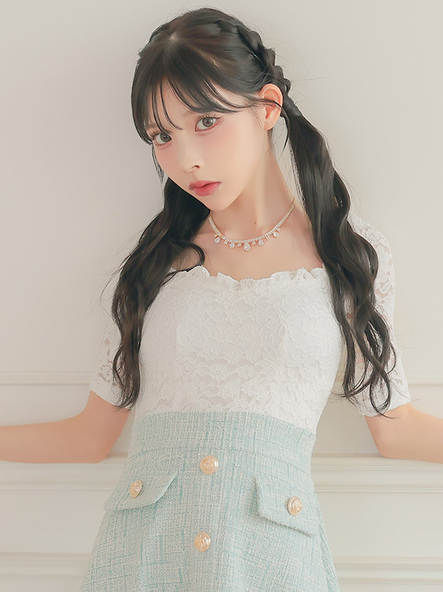 韓国ドレス ワンピース 袖あり 五分袖 ホワイトレース 切り替え ゴールボタン ツイード 胸元カバー ミント ミニドレス Aライン キャバドレのイメージ画像2