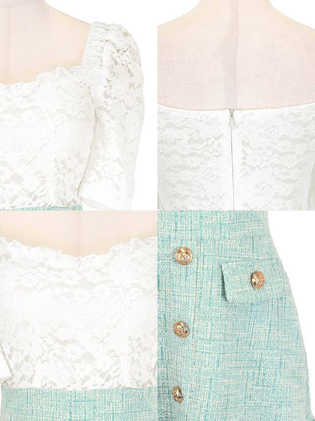 韓国ドレス ワンピース 袖あり 五分袖 ホワイトレース 切り替え ゴールボタン ツイード 胸元カバー ミント ミニドレス Aライン キャバドレのディティール1