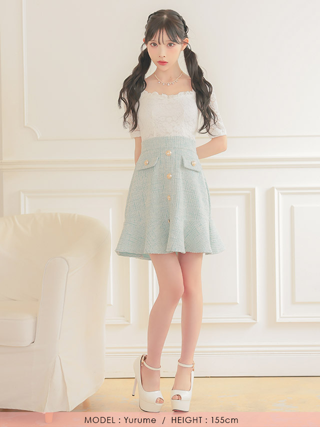 韓国ドレス ワンピース 袖あり 五分袖 ホワイトレース 切り替え ゴールボタン ツイード 胸元カバー ミント ミニドレス Aライン キャバドレのフロント全身