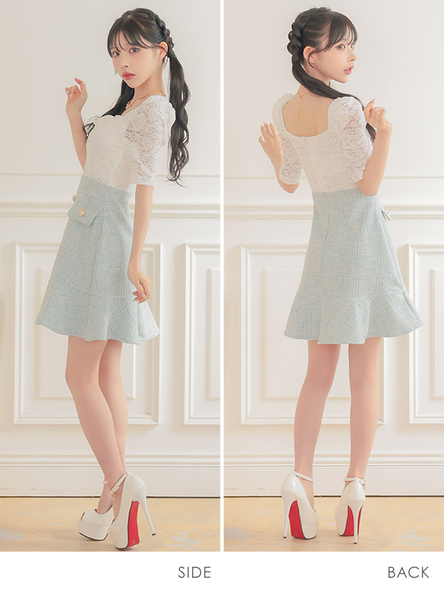 韓国ドレス ワンピース 袖あり 五分袖 ホワイトレース 切り替え ゴールボタン ツイード 胸元カバー ミント ミニドレス Aライン キャバドレのサイドバッグ全身