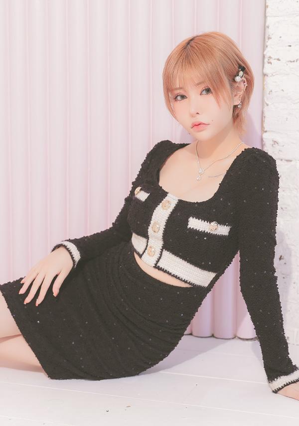 韓国ドレス ミニドレス 長袖 パイピング ウエストカット スパンコール ニット タイト キャバドレスイメージ画像1