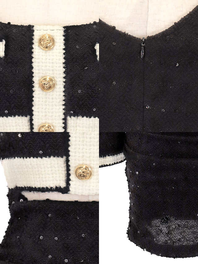 韓国ドレス ミニドレス 長袖 パイピング ウエストカット スパンコール ニット タイト キャバドレスのディティール1